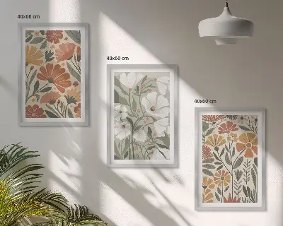 Set schilderijen voor wanddecoratie met oranje en groene bloemmotieven