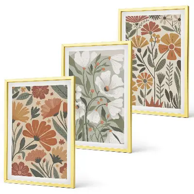 Set schilderijen voor wanddecoratie met oranje en groene bloemmotieven