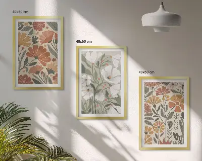 Set schilderijen voor wanddecoratie met oranje en groene bloemmotieven