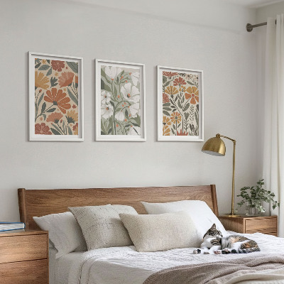 Wanddecoratie set schilderijen Kwiatowe wzory pomarańczowe zielone