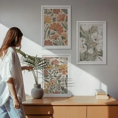 Set schilderijen voor wanddecoratie met oranje en groene bloemmotieven