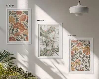 Set schilderijen voor wanddecoratie met oranje en groene bloemmotieven