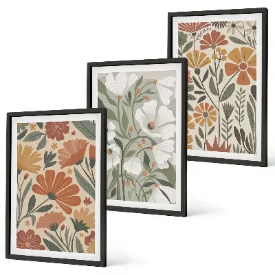 Set schilderijen voor wanddecoratie met oranje en groene bloemmotieven