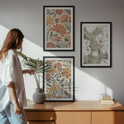 Wanddecoratie set schilderijen Kwiatowe wzory pomarańczowe zielone