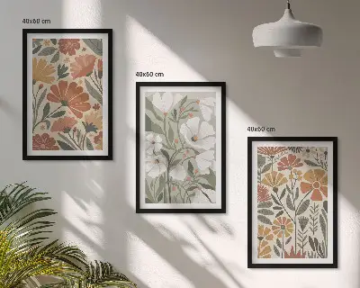 Set schilderijen voor wanddecoratie met oranje en groene bloemmotieven