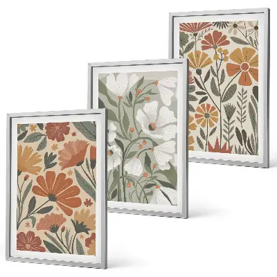 Set schilderijen voor wanddecoratie met oranje en groene bloemmotieven