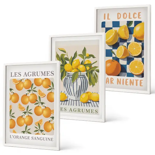 Wanddecoratieset met schilderijen retro citrusvruchten in het geel