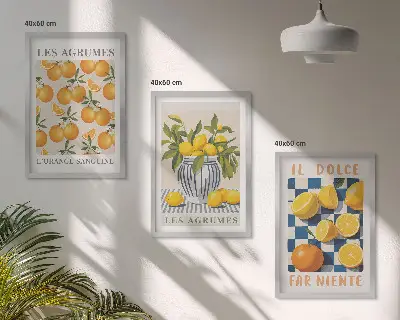 Wanddecoratieset met schilderijen retro citrusvruchten in het geel