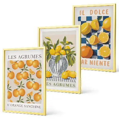 Wanddecoratieset met schilderijen retro citrusvruchten in het geel