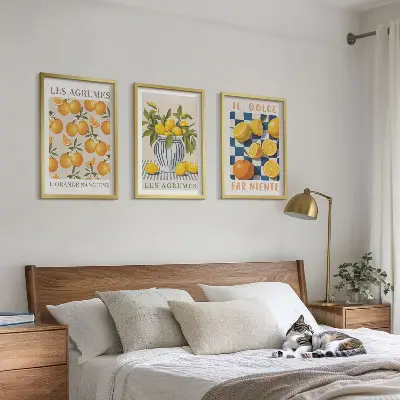Wanddecoratieset met schilderijen retro citrusvruchten in het geel