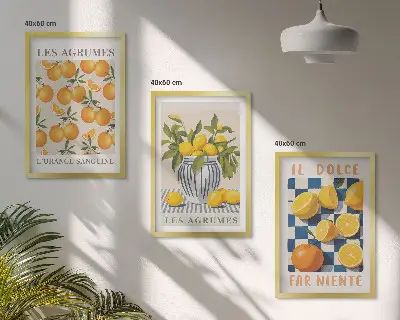 Wanddecoratieset met schilderijen retro citrusvruchten in het geel