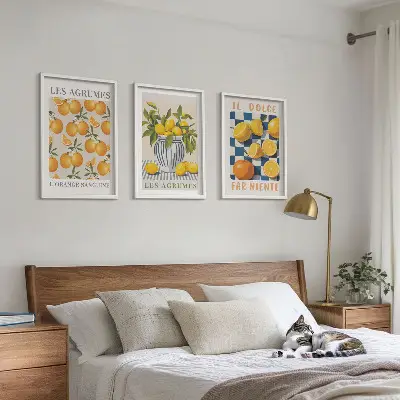 Wanddecoratieset met schilderijen retro citrusvruchten in het geel