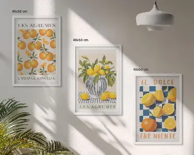 Wanddecoratieset met schilderijen retro citrusvruchten in het geel