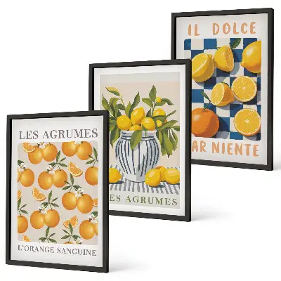 Wanddecoratieset met schilderijen retro citrusvruchten in het geel