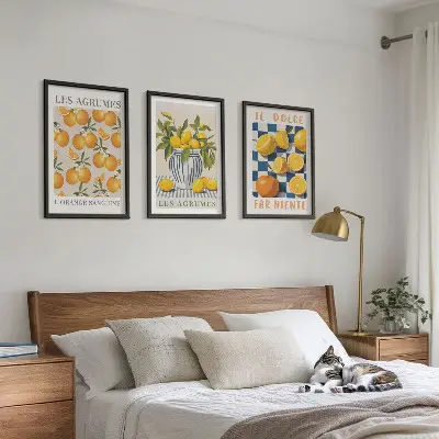 Wanddecoratieset met schilderijen retro citrusvruchten in het geel