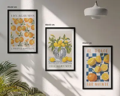 Wanddecoratieset met schilderijen retro citrusvruchten in het geel