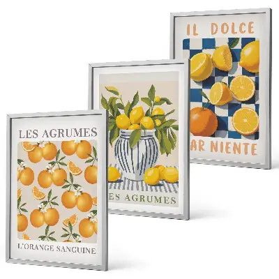 Wanddecoratieset met schilderijen retro citrusvruchten in het geel