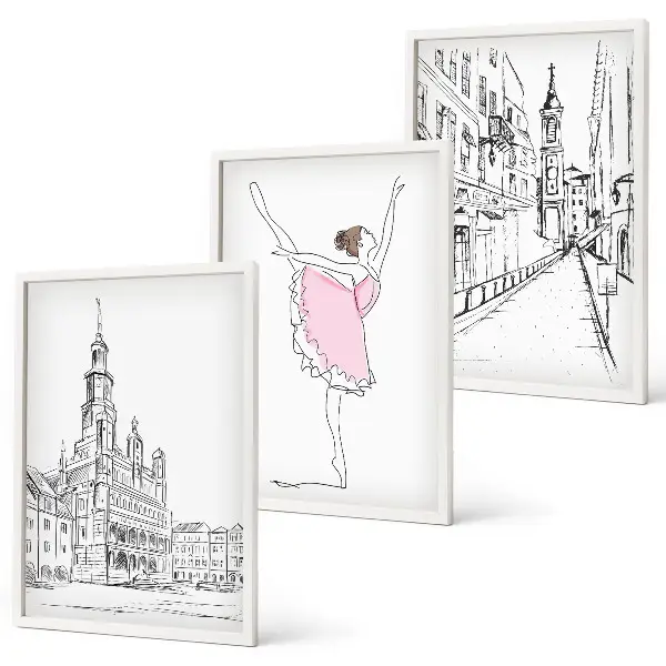 Wanddecoratieset van schilderijen stijlvolle ballerina's en architectuur