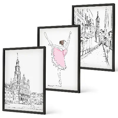 Wanddecoratieset van schilderijen stijlvolle ballerina's en architectuur