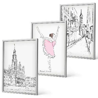 Wanddecoratieset van schilderijen stijlvolle ballerina's en architectuur
