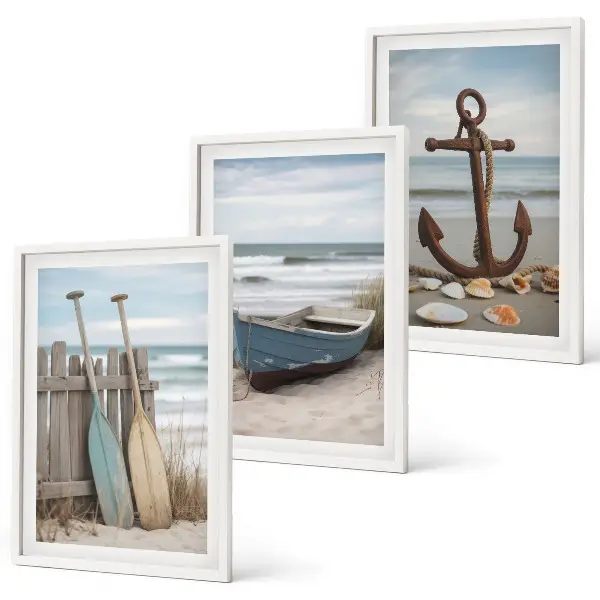 Wanddecoratieset schilderijen met strand boot anker en zand