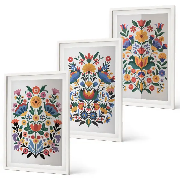 Wanddecoratieset met schilderijen met bloemmotieven in intense kleuren