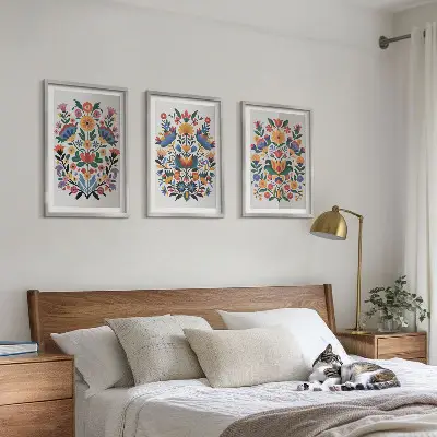 Wanddecoratieset met schilderijen met bloemmotieven in intense kleuren