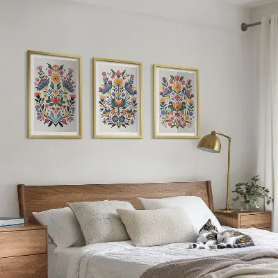 Wanddecoratieset met schilderijen met bloemmotieven in intense kleuren