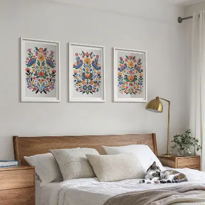 Wanddecoratieset met schilderijen met bloemmotieven in intense kleuren