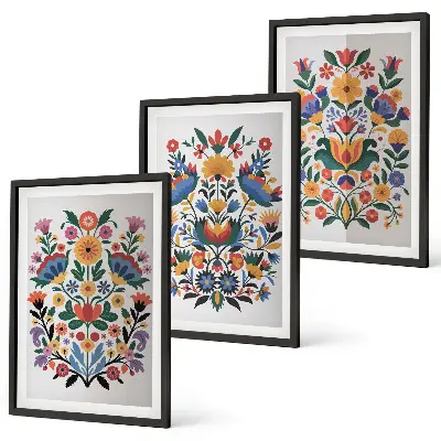 Wanddecoratieset met schilderijen met bloemmotieven in intense kleuren