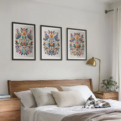 Wanddecoratieset met schilderijen met bloemmotieven in intense kleuren