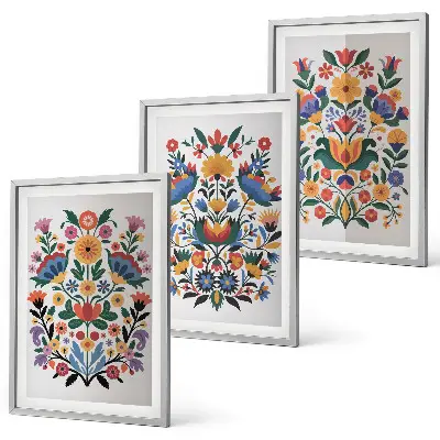 Wanddecoratieset met schilderijen met bloemmotieven in intense kleuren