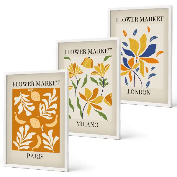 Set van wanddecoratie schilderijen met bloemenprints van Parijs, Milaan en Londen