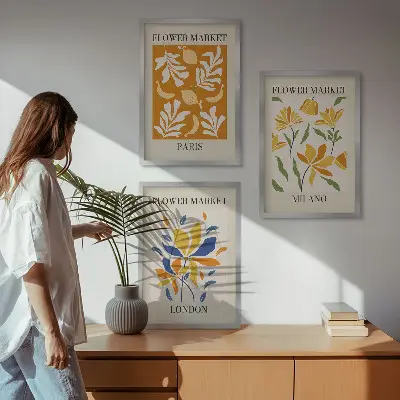 Set van wanddecoratie schilderijen met bloemenprints van Parijs, Milaan en Londen