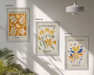Set van wanddecoratie schilderijen met bloemenprints van Parijs, Milaan en Londen