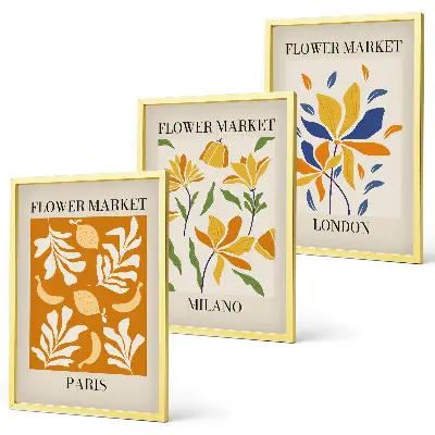Set van wanddecoratie schilderijen met bloemenprints van Parijs, Milaan en Londen