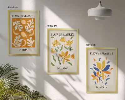 Set van wanddecoratie schilderijen met bloemenprints van Parijs, Milaan en Londen