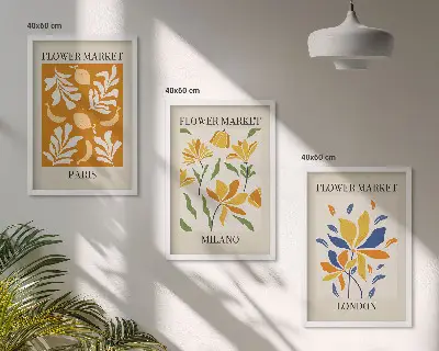 Set van wanddecoratie schilderijen met bloemenprints van Parijs, Milaan en Londen