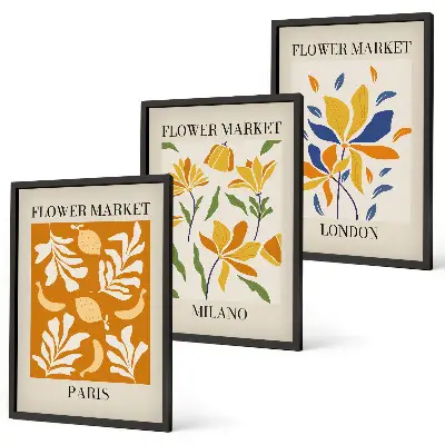 Set van wanddecoratie schilderijen met bloemenprints van Parijs, Milaan en Londen