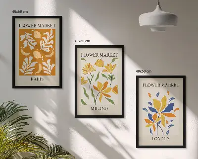Set van wanddecoratie schilderijen met bloemenprints van Parijs, Milaan en Londen