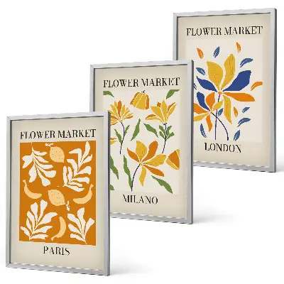 Set van wanddecoratie schilderijen met bloemenprints van Parijs, Milaan en Londen