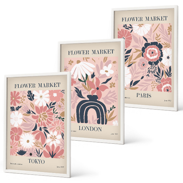 Wanddecoratie set schilderijen Kwiatowe motywy Tokio Londyn Paryż