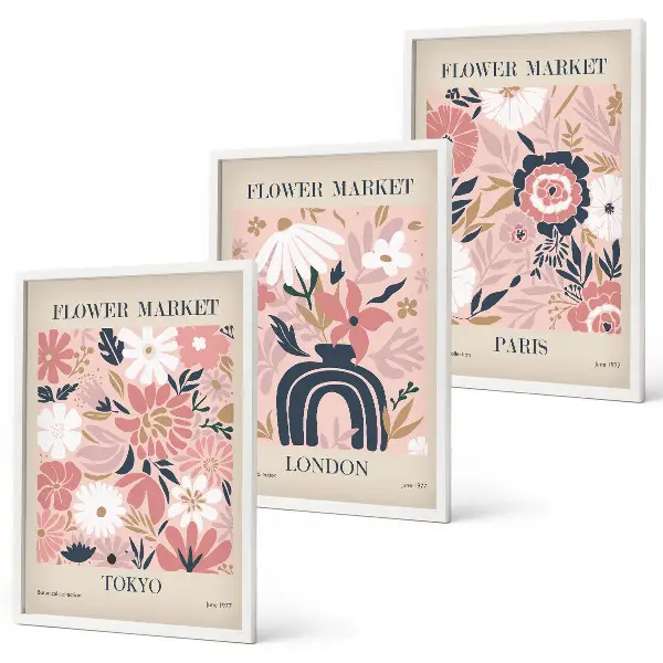 Wanddecoratieset schilderijen met bloemmotieven van Tokio, Londen en Parijs