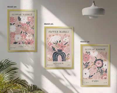 Wanddecoratieset schilderijen met bloemmotieven van Tokio, Londen en Parijs