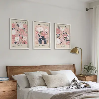 Wanddecoratieset schilderijen met bloemmotieven van Tokio, Londen en Parijs