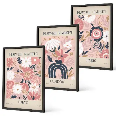 Wanddecoratieset schilderijen met bloemmotieven van Tokio, Londen en Parijs