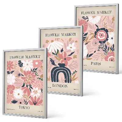 Wanddecoratieset schilderijen met bloemmotieven van Tokio, Londen en Parijs