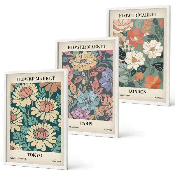 Wanddecoratieset met schilderijen bloemmotieven met steden als Tokio, Parijs en Londen