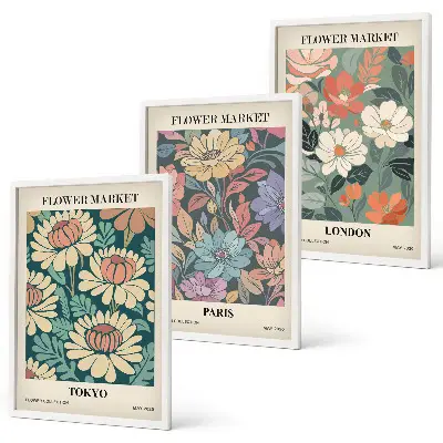 Wanddecoratieset met schilderijen bloemmotieven met steden als Tokio, Parijs en Londen