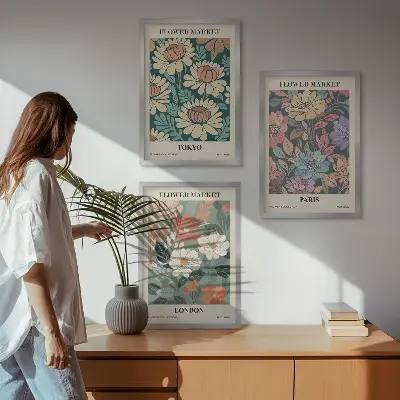 Wanddecoratieset met schilderijen bloemmotieven met steden als Tokio, Parijs en Londen